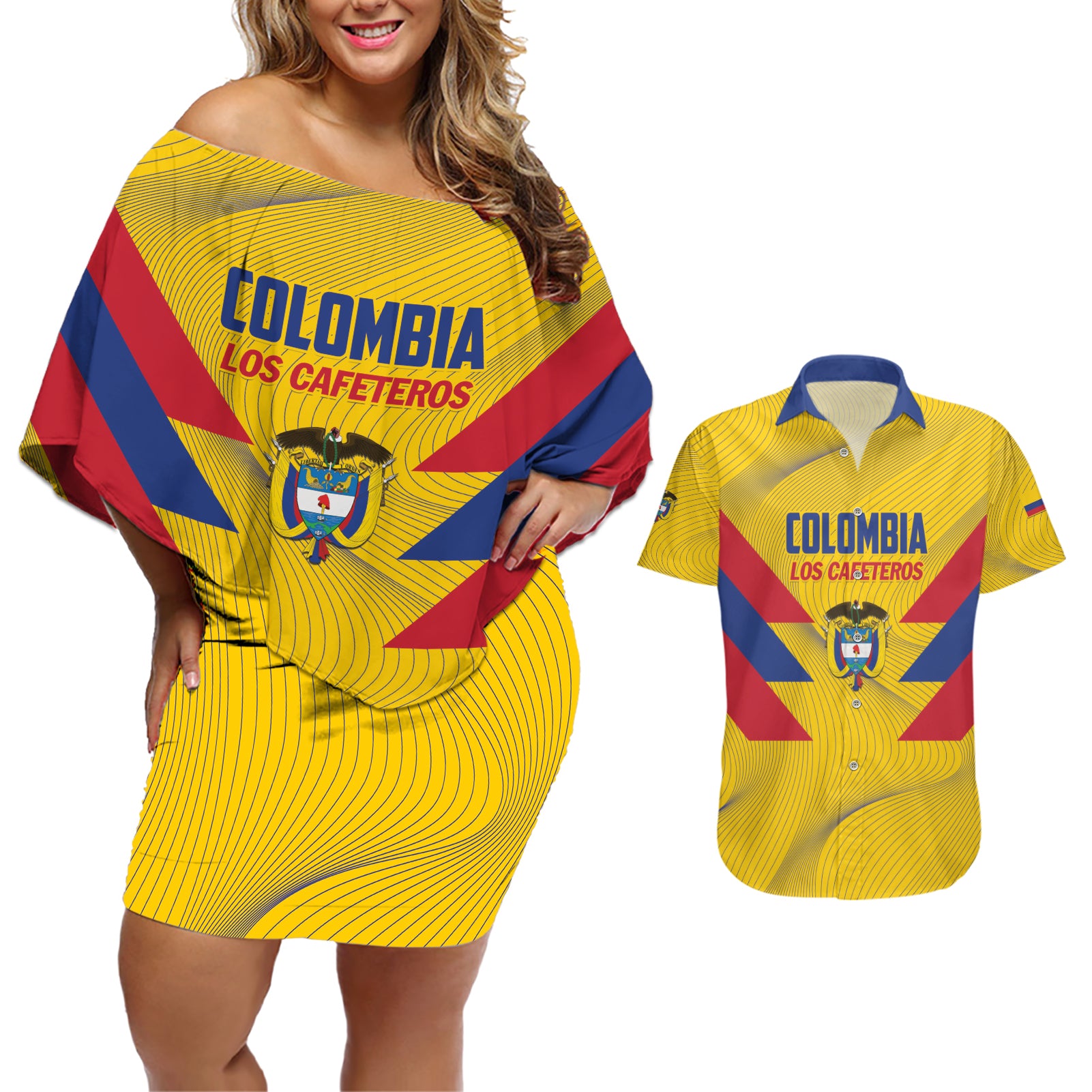 Personalized Colombia 2024 Football Couples Matching Off Shoulder Short Dress and Hawaiian Shirt Go Los Cafeteros - Wonder Print Shop