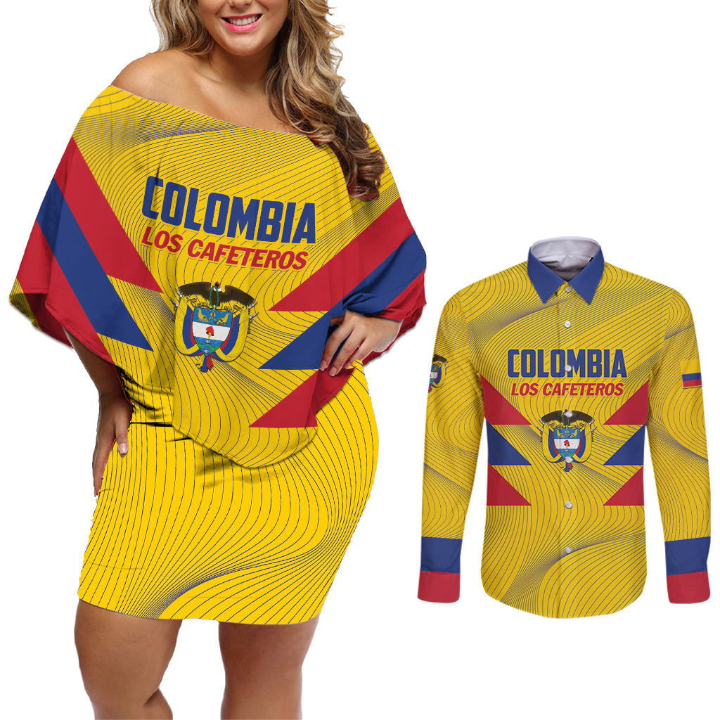 Personalized Colombia 2024 Football Couples Matching Off Shoulder Short Dress and Long Sleeve Button Shirt Go Los Cafeteros - Wonder Print Shop