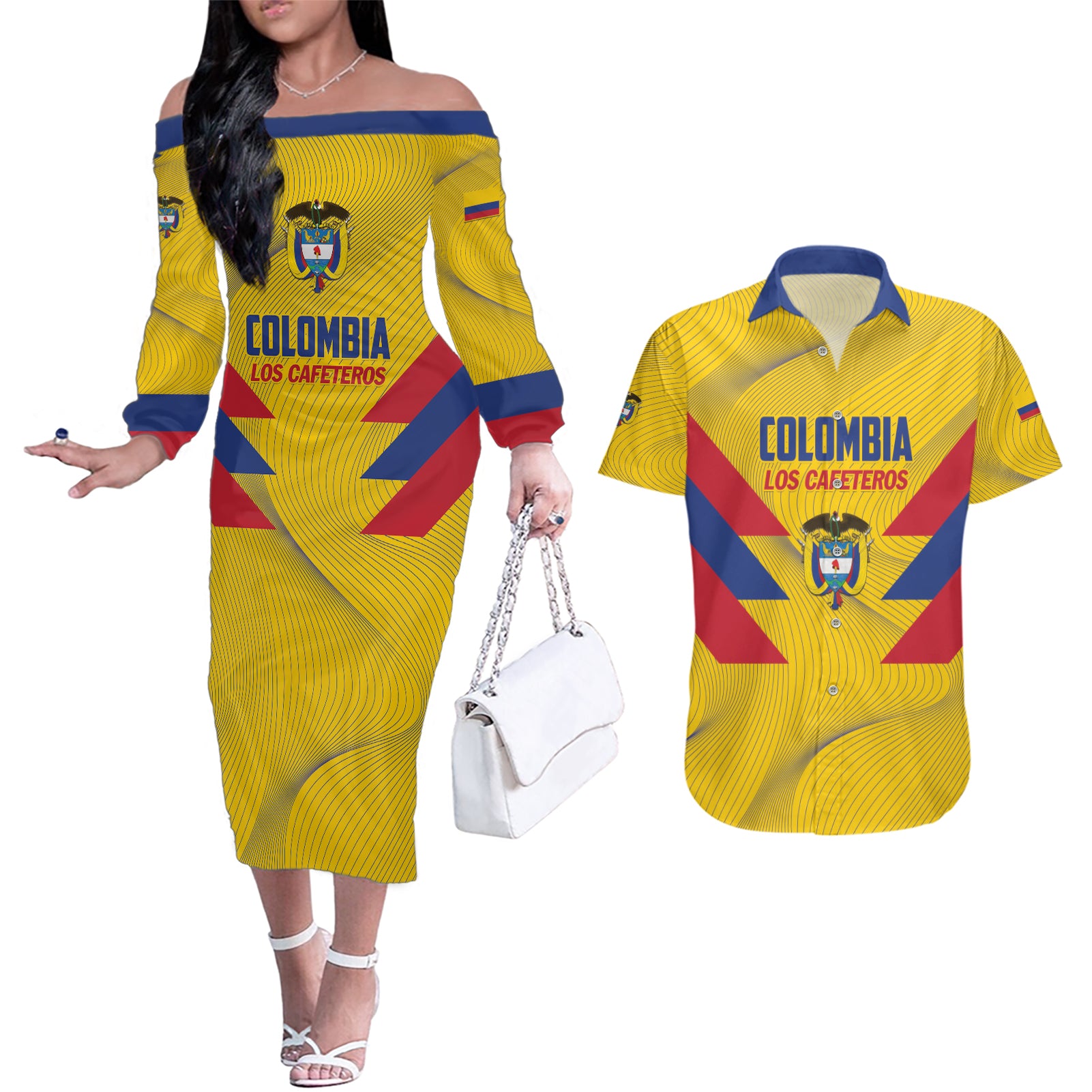 Personalized Colombia 2024 Football Couples Matching Off The Shoulder Long Sleeve Dress and Hawaiian Shirt Go Los Cafeteros - Wonder Print Shop