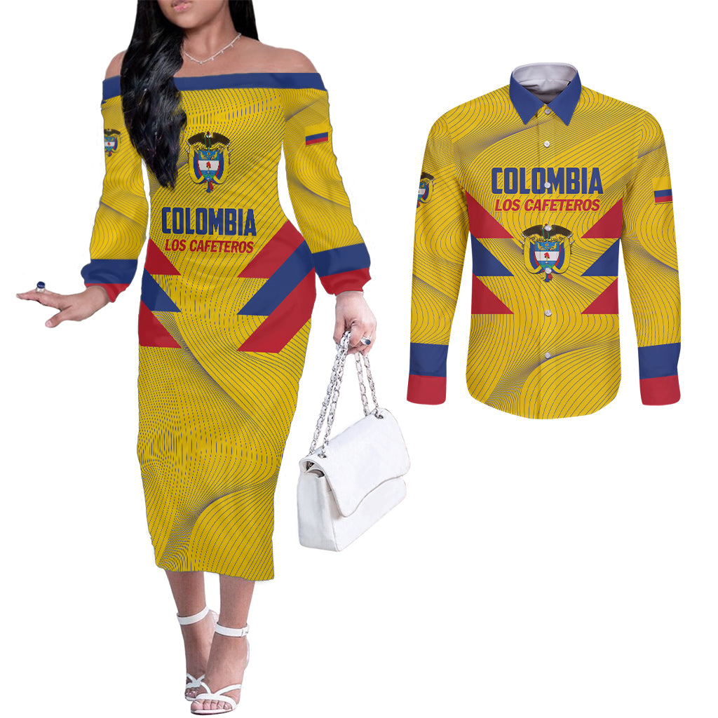 Personalized Colombia 2024 Football Couples Matching Off The Shoulder Long Sleeve Dress and Long Sleeve Button Shirt Go Los Cafeteros LT01