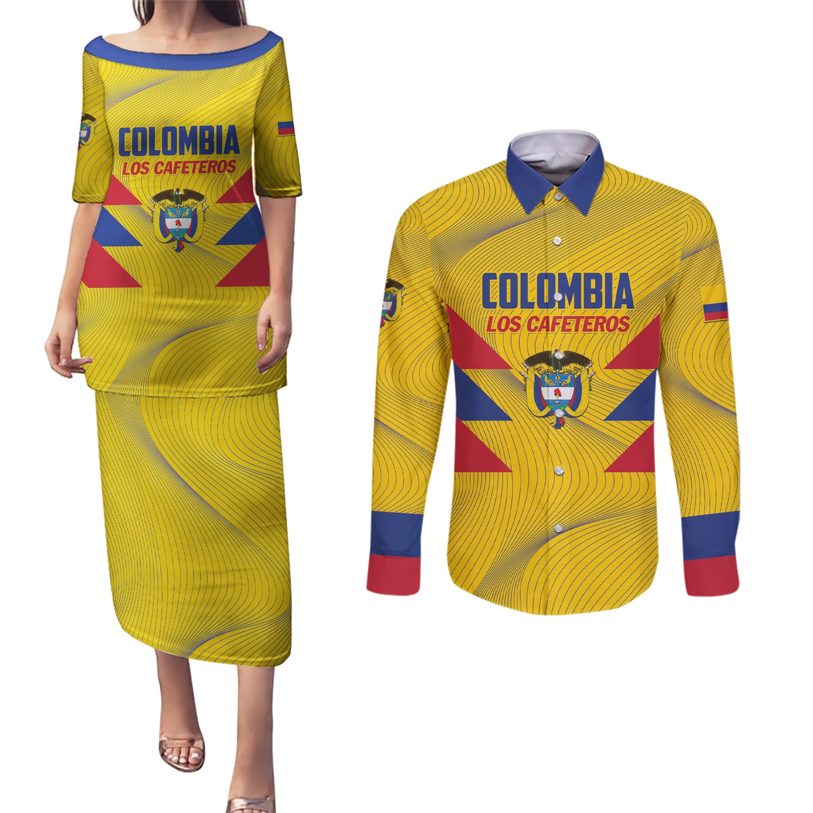 Personalized Colombia 2024 Football Couples Matching Puletasi and Long Sleeve Button Shirt Go Los Cafeteros - Wonder Print Shop