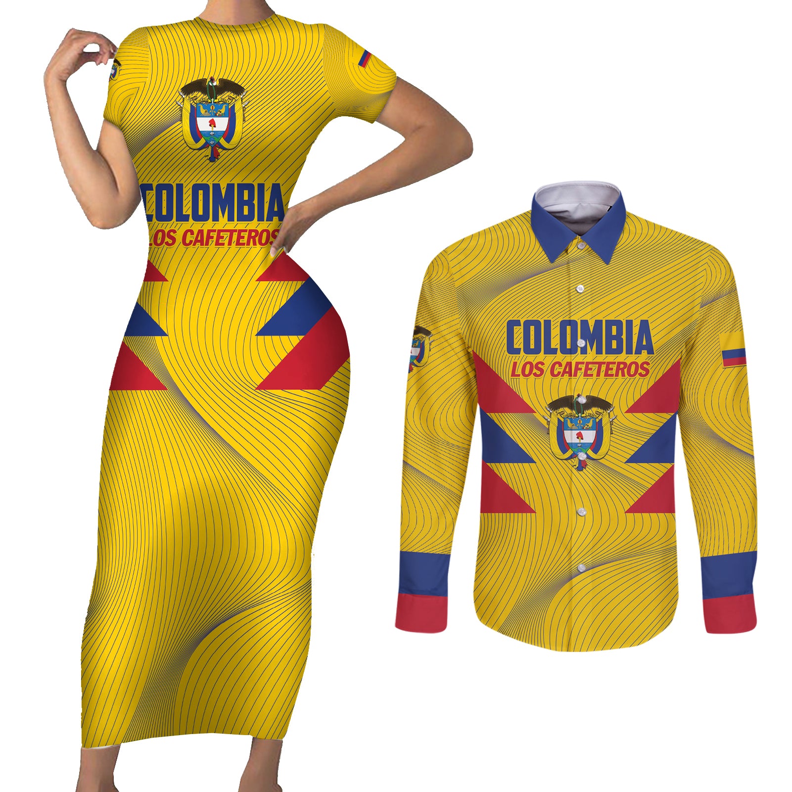 Personalized Colombia 2024 Football Couples Matching Short Sleeve Bodycon Dress and Long Sleeve Button Shirt Go Los Cafeteros - Wonder Print Shop