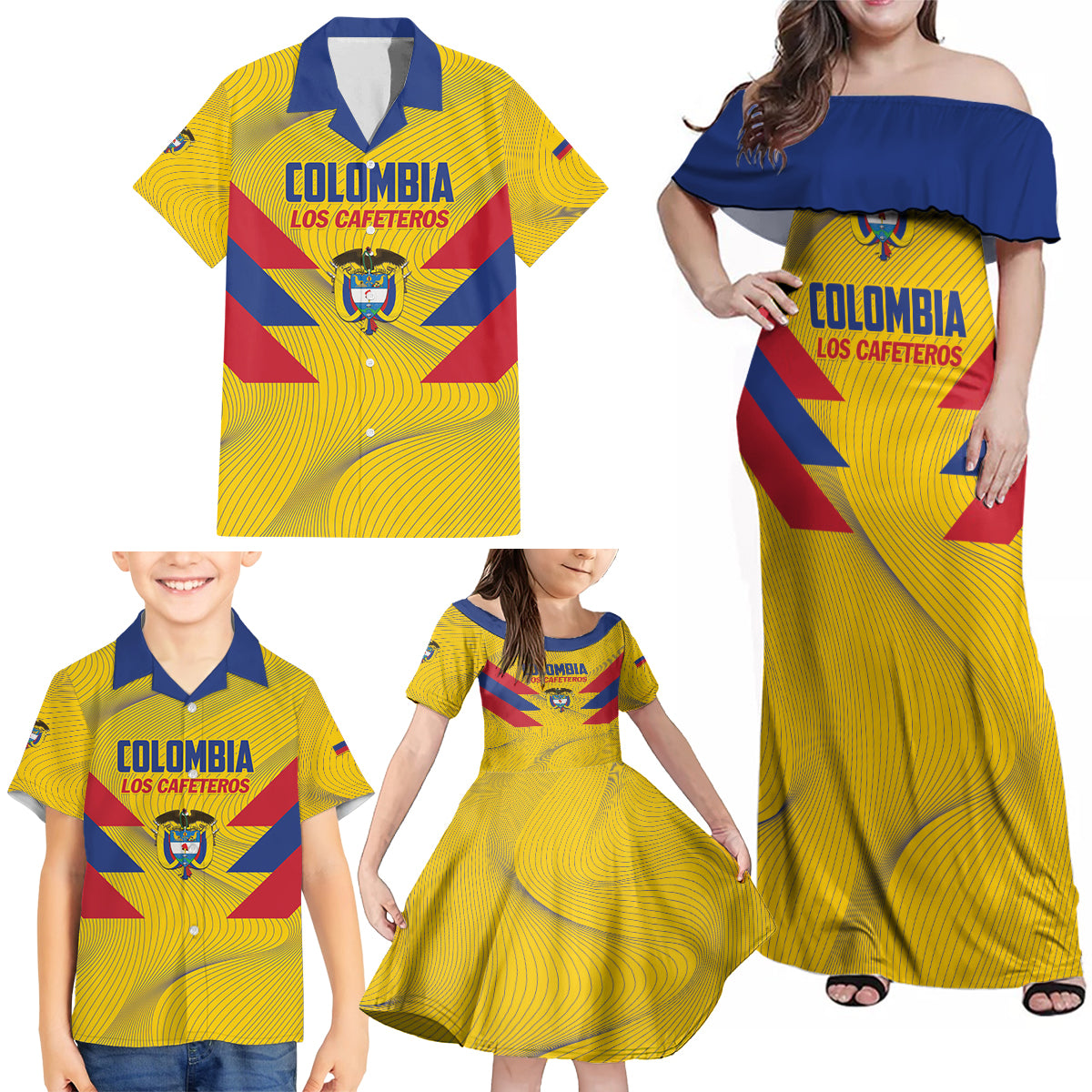 Personalized Colombia 2024 Football Family Matching Off Shoulder Maxi Dress and Hawaiian Shirt Go Los Cafeteros - Wonder Print Shop