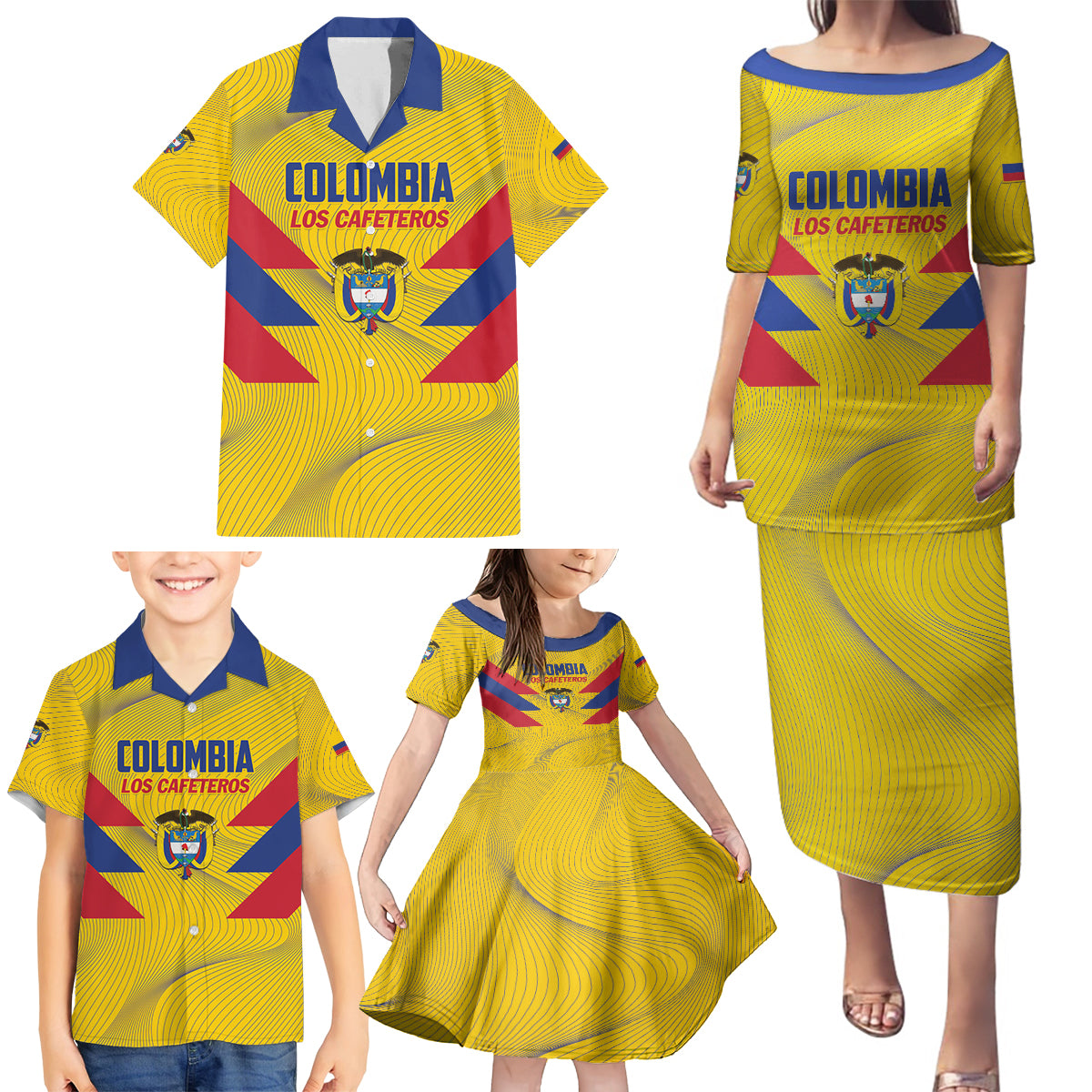 Personalized Colombia 2024 Football Family Matching Puletasi and Hawaiian Shirt Go Los Cafeteros - Wonder Print Shop