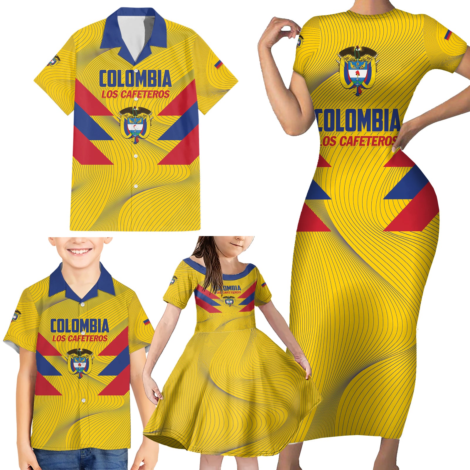 Personalized Colombia 2024 Football Family Matching Short Sleeve Bodycon Dress and Hawaiian Shirt Go Los Cafeteros - Wonder Print Shop