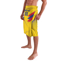 Yellow football shorts with diagonal stripe pattern and side graphic print