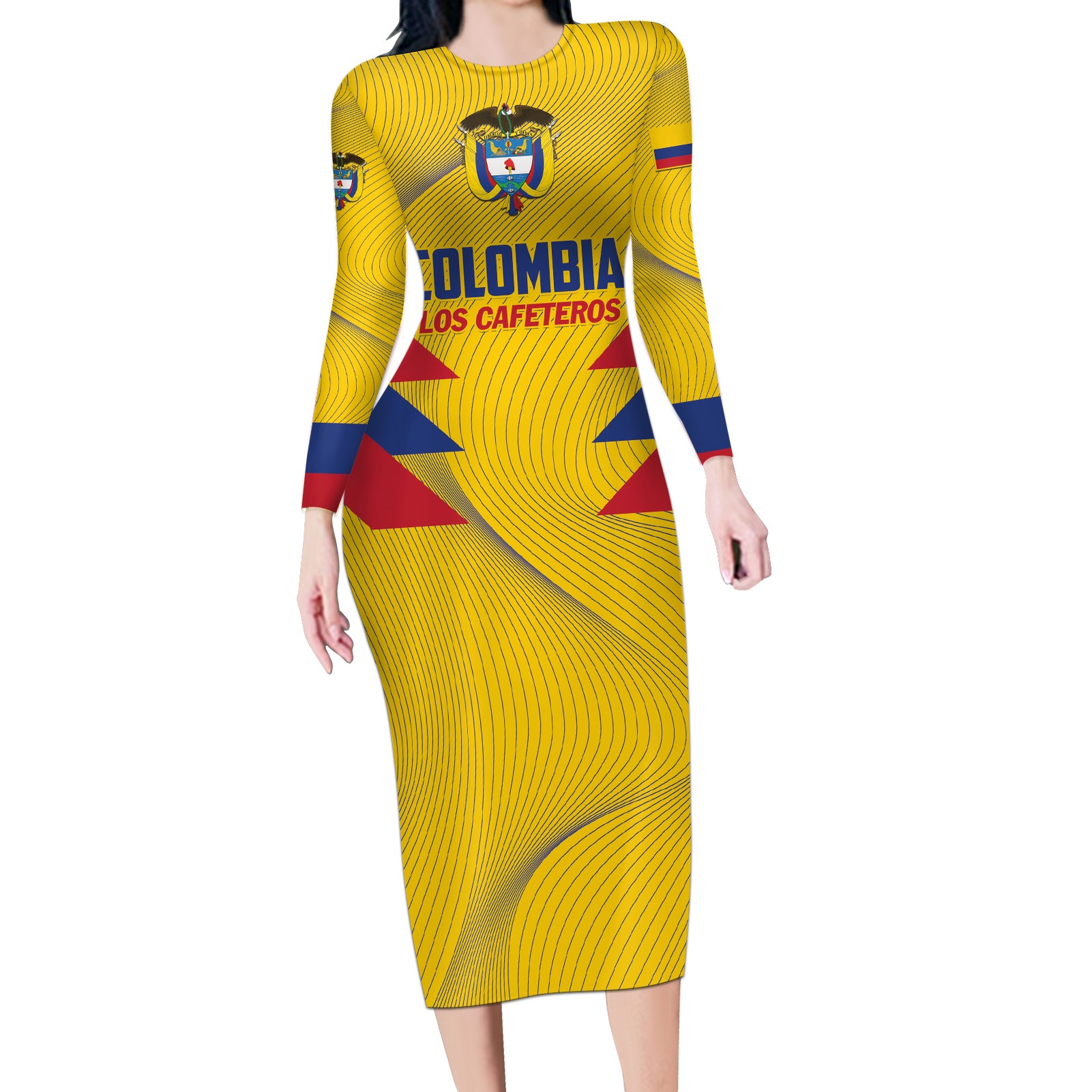 Personalized Colombia 2024 Football Long Sleeve Bodycon Dress Go Los Cafeteros - Wonder Print Shop