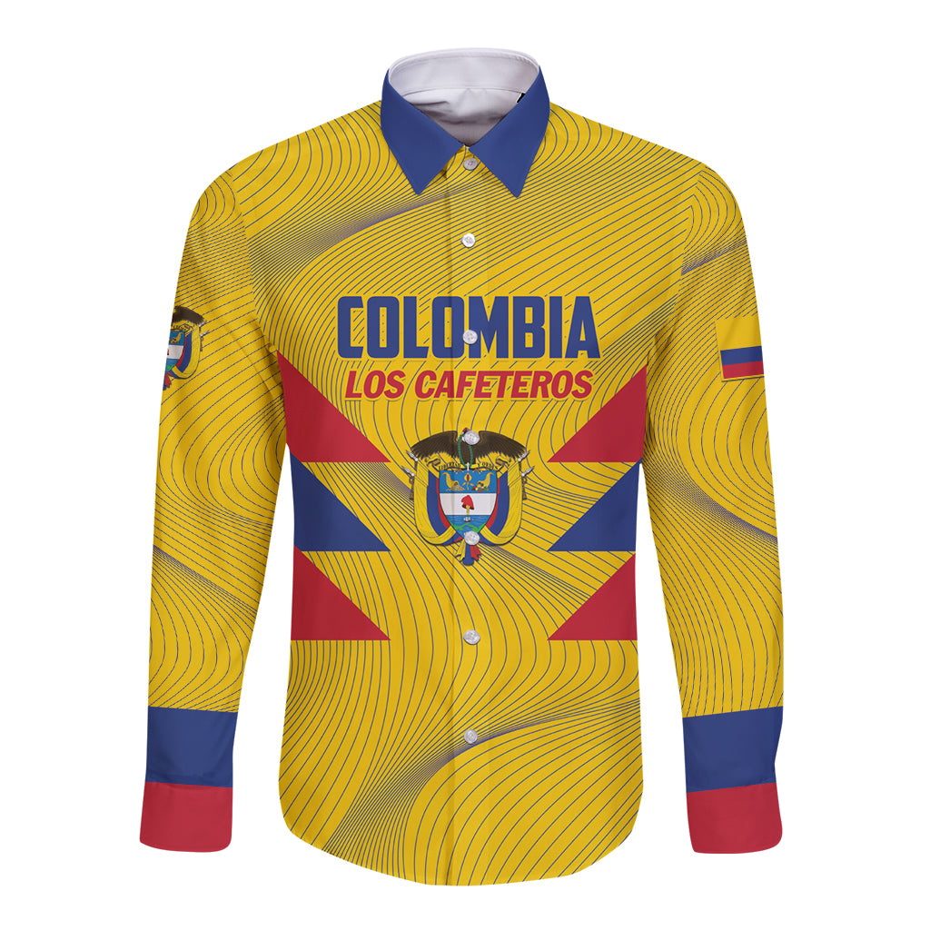 Yellow long-sleeve button football shirt with blue collar, crest and 'Colombia' graphic