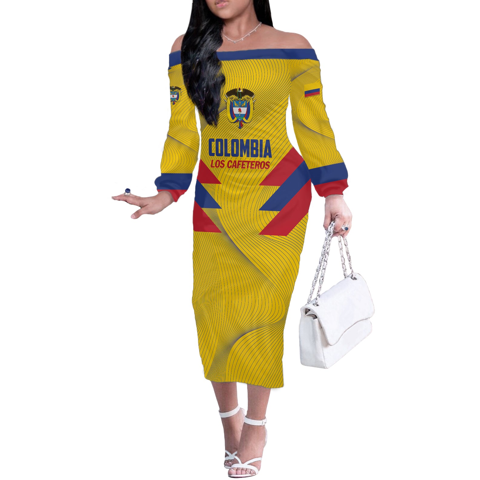 Personalized Colombia 2024 Football Off The Shoulder Long Sleeve Dress Go Los Cafeteros - Wonder Print Shop