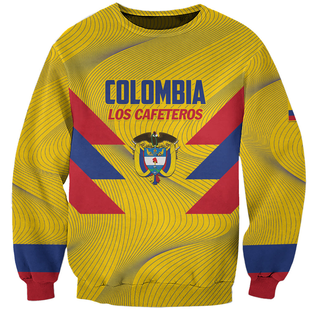 Yellow football sweatshirt with striped pattern, Colombia Los Cafeteros text and crest