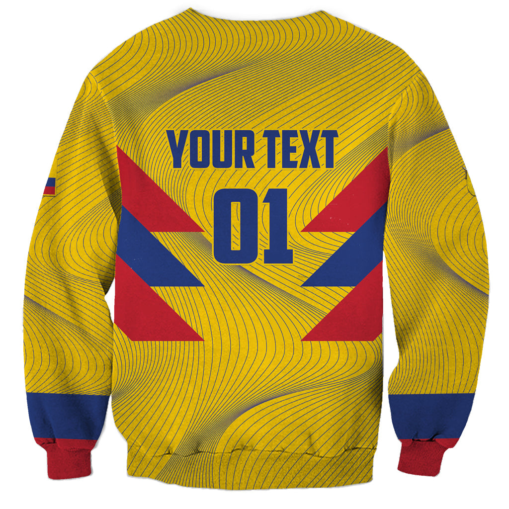 Yellow football sweatshirt with striped pattern, 'YOUR TEXT' and '01' front graphic