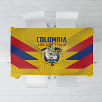 Yellow Colombia football tablecloth with blue and red stripe graphic and crest