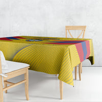 Yellow Colombia football tablecloth with chevron lines and blue and red stripes