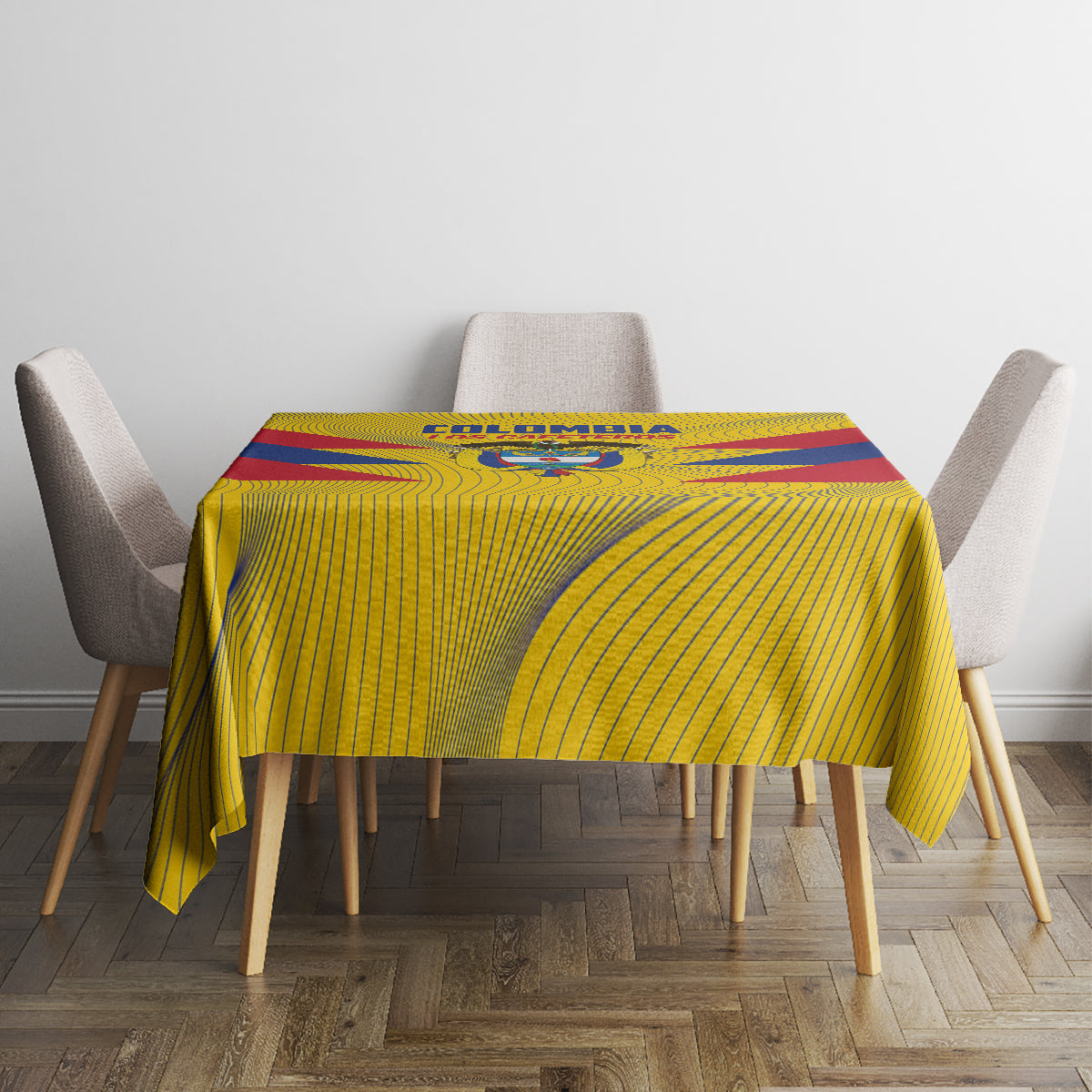 Yellow Colombia football tablecloth draped on rectangular dining table, blue and red stripes