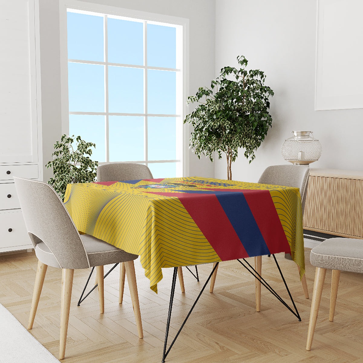 Yellow Colombia football tablecloth on dining table with blue-red stripe panel in center