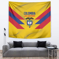 Yellow football tapestry with Colombia emblem, red and blue diagonal stripes