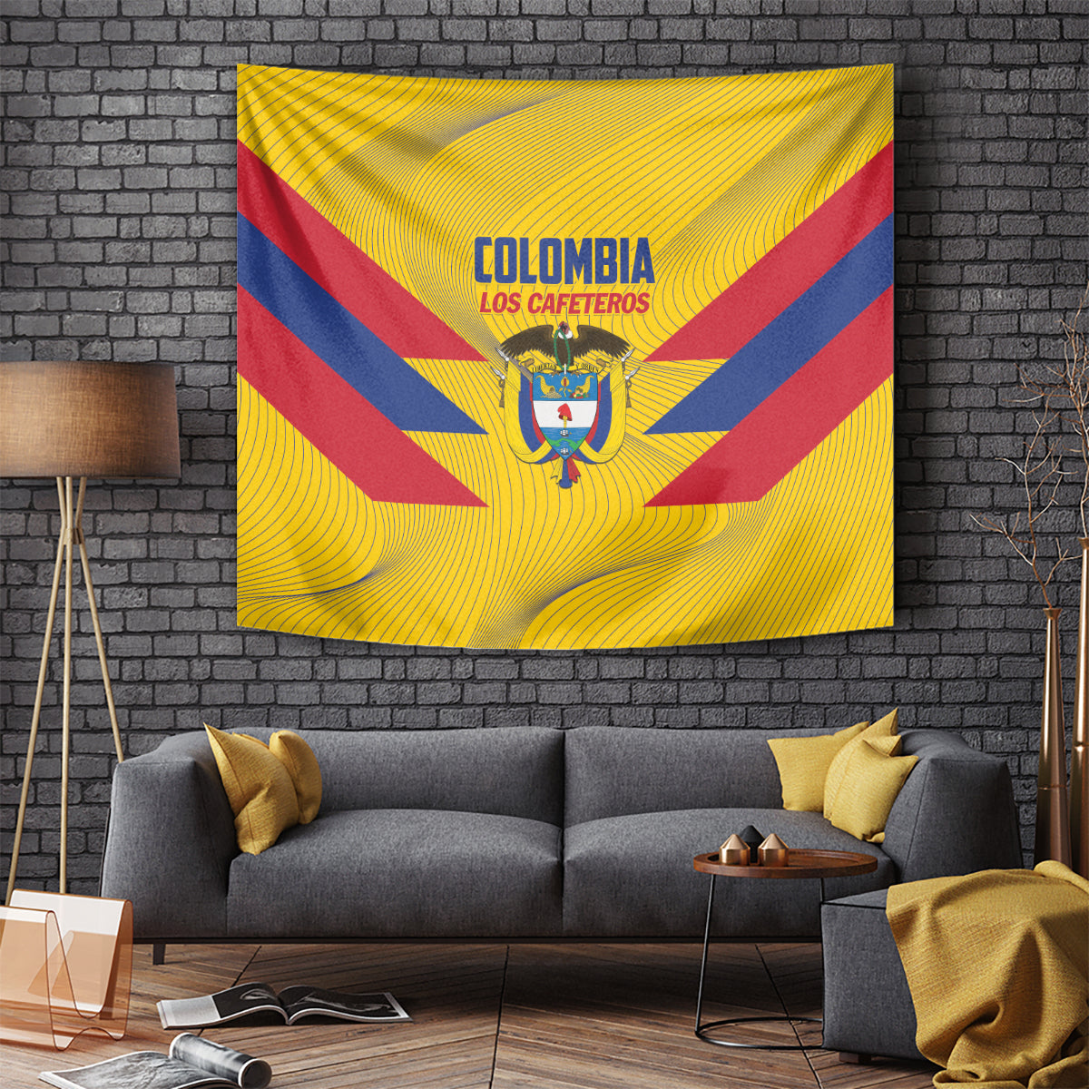 Yellow Colombia football tapestry showing crest and red/blue diagonal flag stripes