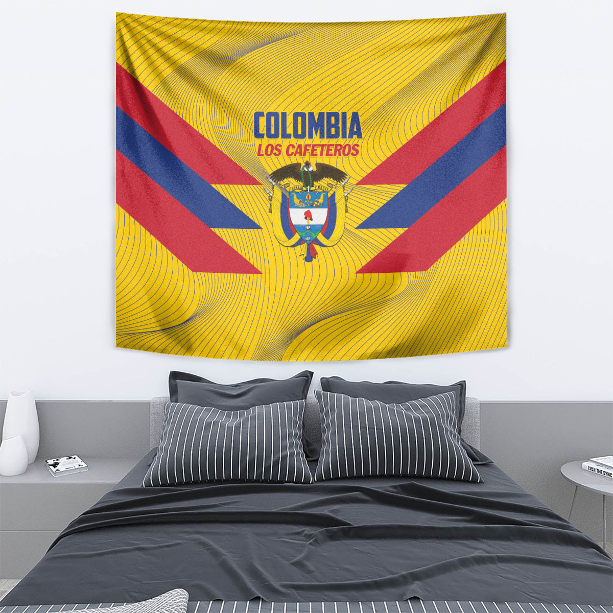 Yellow football tapestry featuring Colombia text, crest, and red and blue diagonal stripes