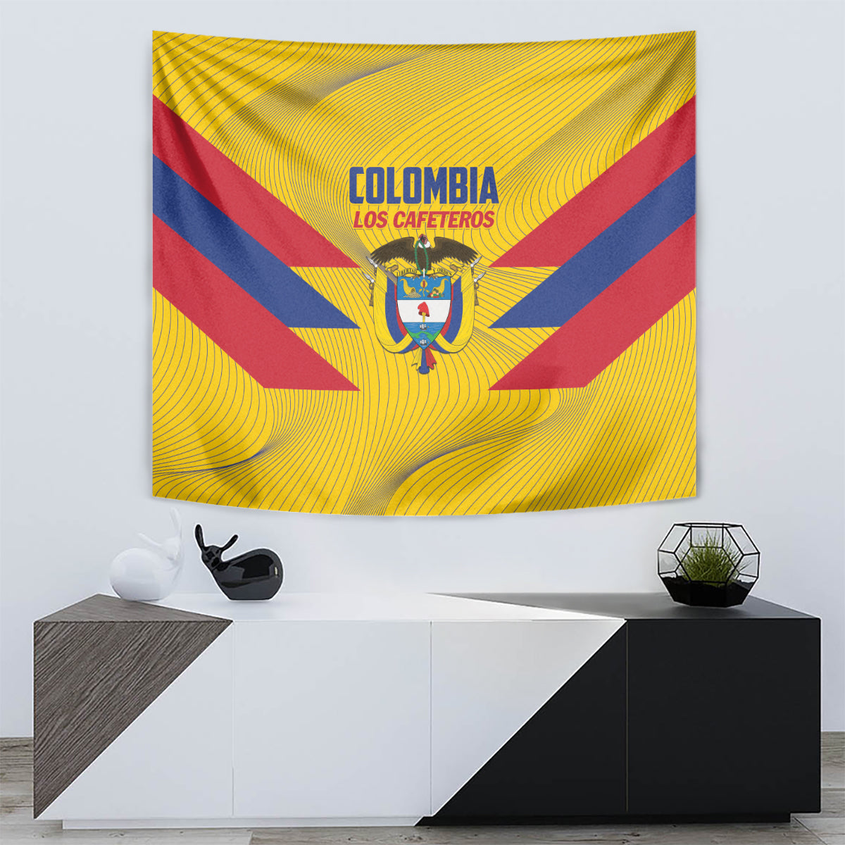 Yellow Colombia football tapestry with crest, "LOS CAFETEROS" text, and red/blue stripes