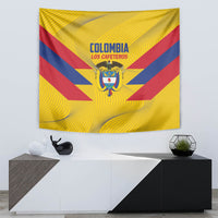Yellow Colombia football tapestry with crest, "LOS CAFETEROS" text, and red/blue stripes
