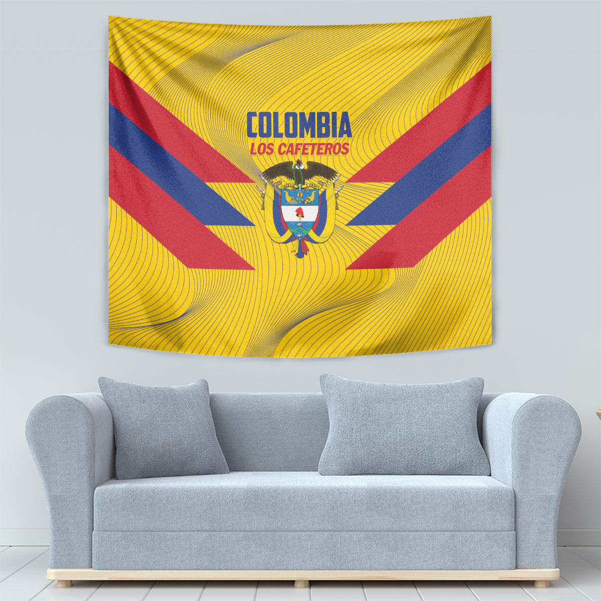Yellow Colombia football tapestry with emblem in the center and red/blue striped rays