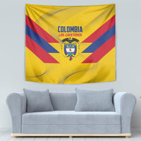 Yellow Colombia football tapestry with emblem in the center and red/blue striped rays