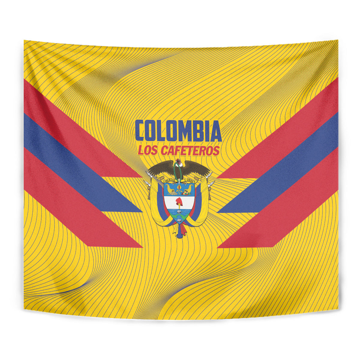 Close-up yellow Colombia football tapestry showing "COLOMBIA" text and central crest