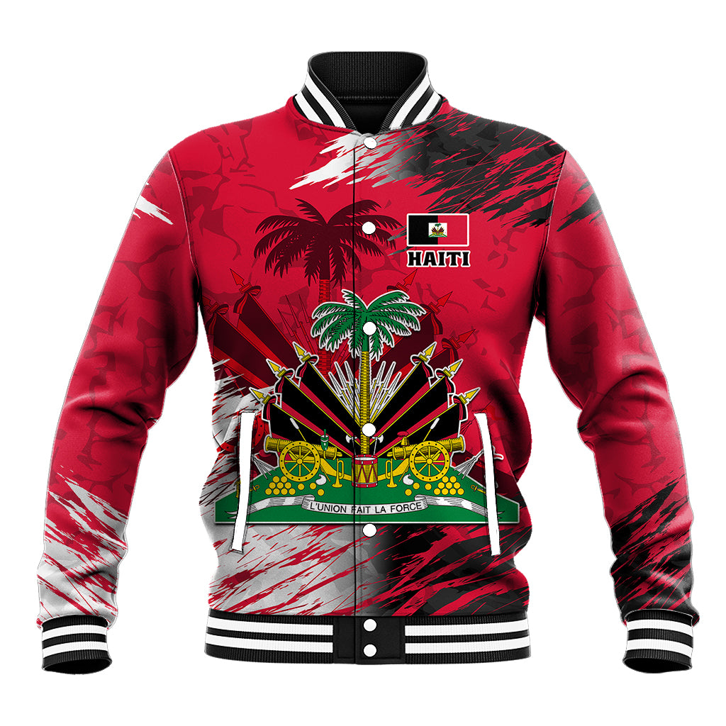 Red baseball jacket with striped collar, front Haiti crest and flag graphic