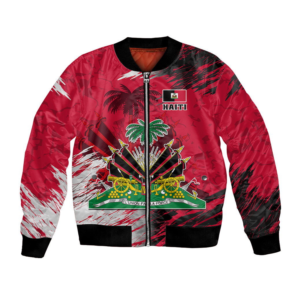 Red bomber jacket with zip front, black ribbed trim, Haiti crest and flag graphic