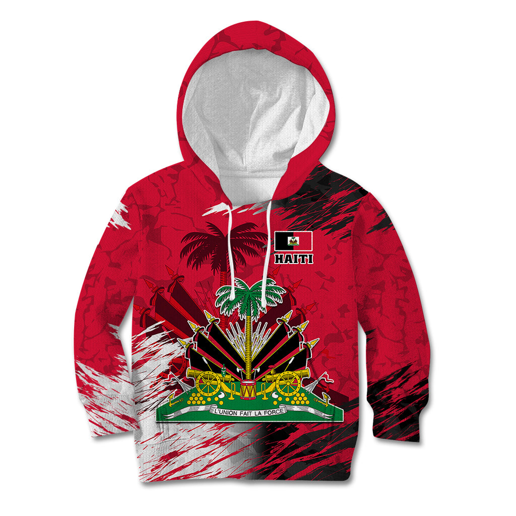Kids red zip hoodie with front Haiti emblem and palm tree graphic, zip hood
