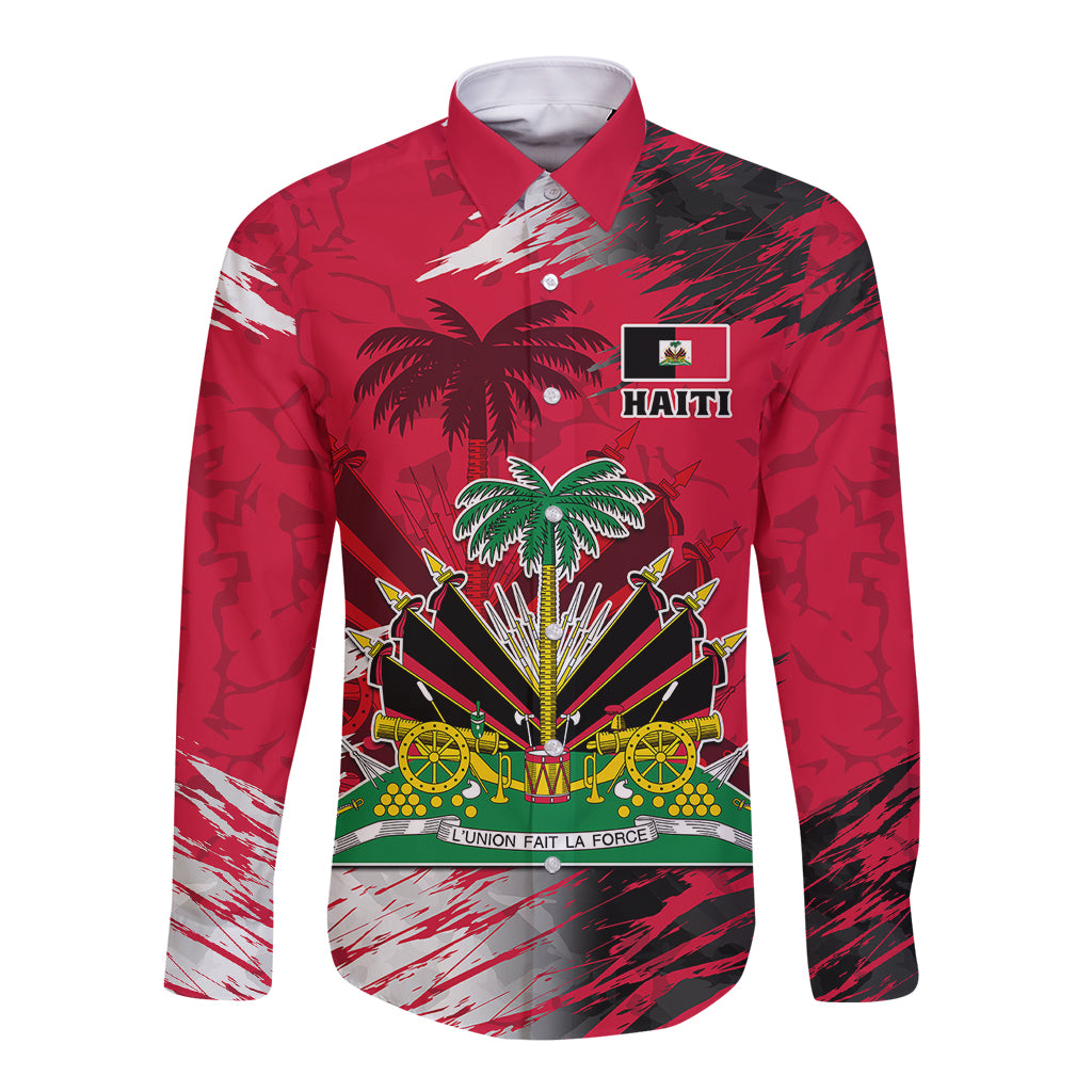 Red long-sleeve button shirt with Haiti coat of arms graphic