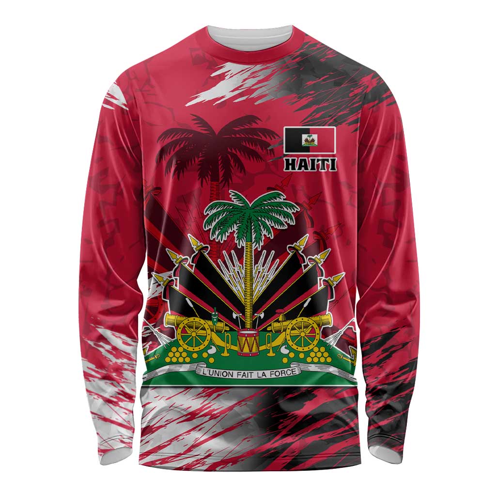 Red long sleeve shirt with Haiti coat of arms, flag, and palm tree graphic