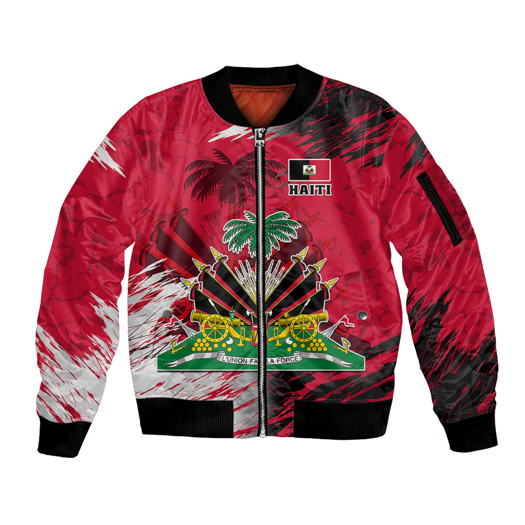 Red zip bomber jacket with black ribbed collar and cuffs, Haiti crest front print.