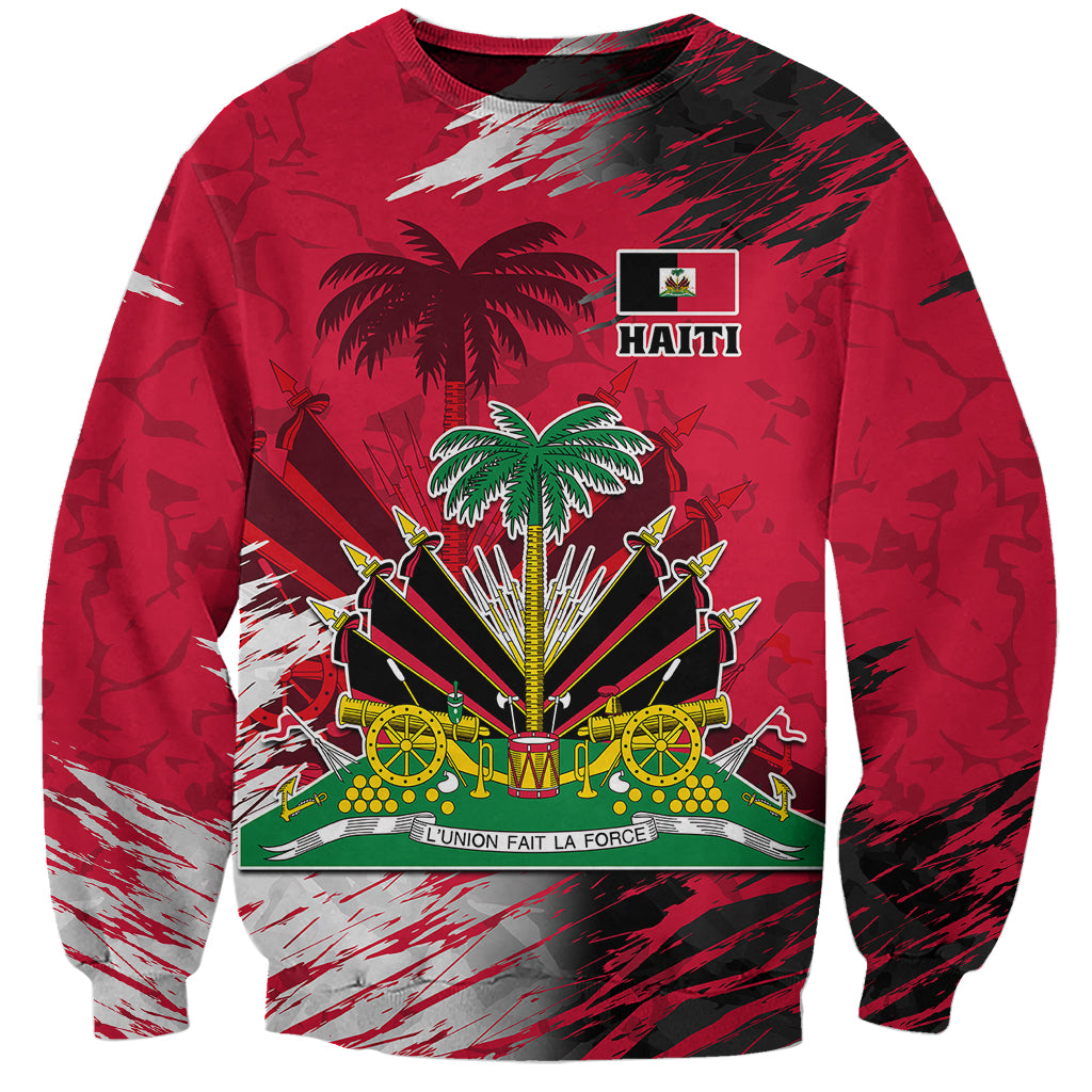 Red crewneck sweatshirt with Haiti crest, flag, and Haiti wordmark