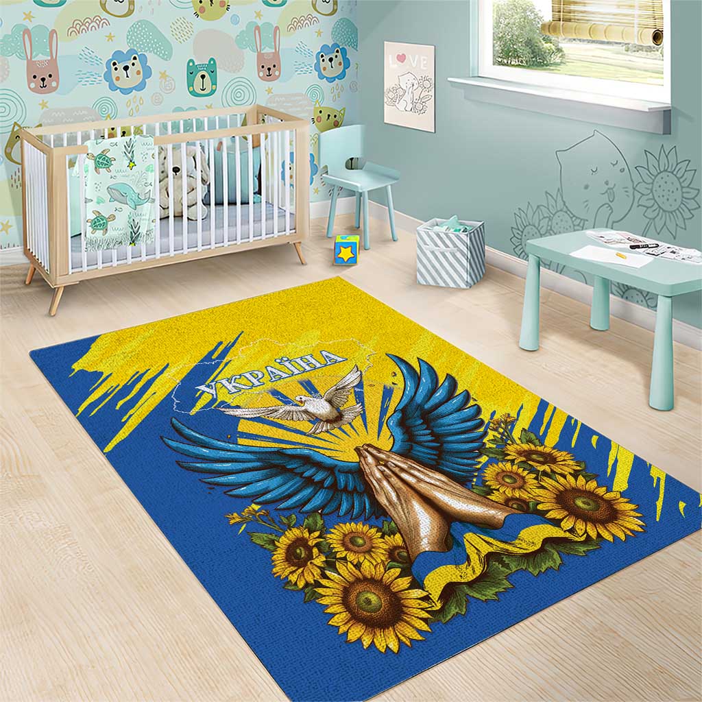 Blue and yellow area rug with gold dove, sunflower blooms, and UKRAINA lettering