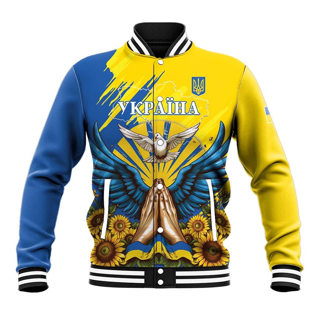 Unisex baseball jacket in blue and yellow with dove-and-sunflower graphic, snap front