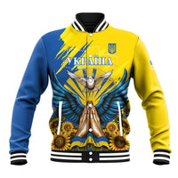 Unisex baseball jacket in blue and yellow with dove-and-sunflower graphic, snap front
