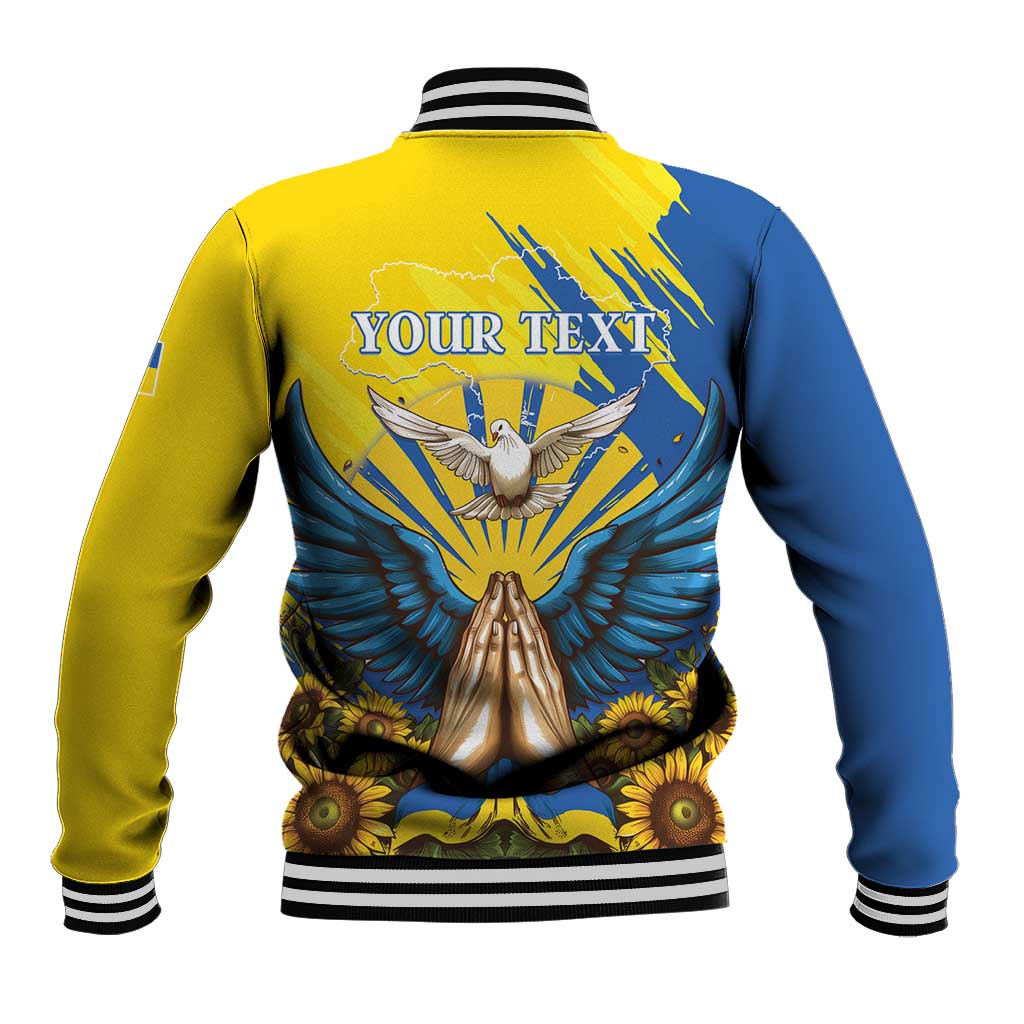 Unisex baseball jacket blue and yellow, back view with large dove emblem and sunflowers