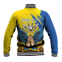 Unisex baseball jacket blue and yellow, back view with large dove emblem and sunflowers