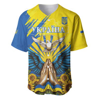 Baseball jersey with yellow-and-blue dove, trident, and praying hands graphic