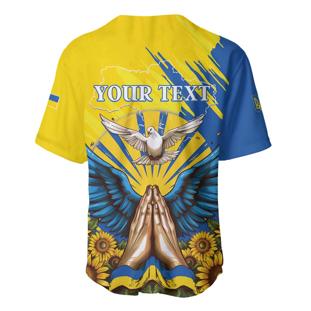Back of baseball jersey in yellow-and-blue with dove and praying hands print