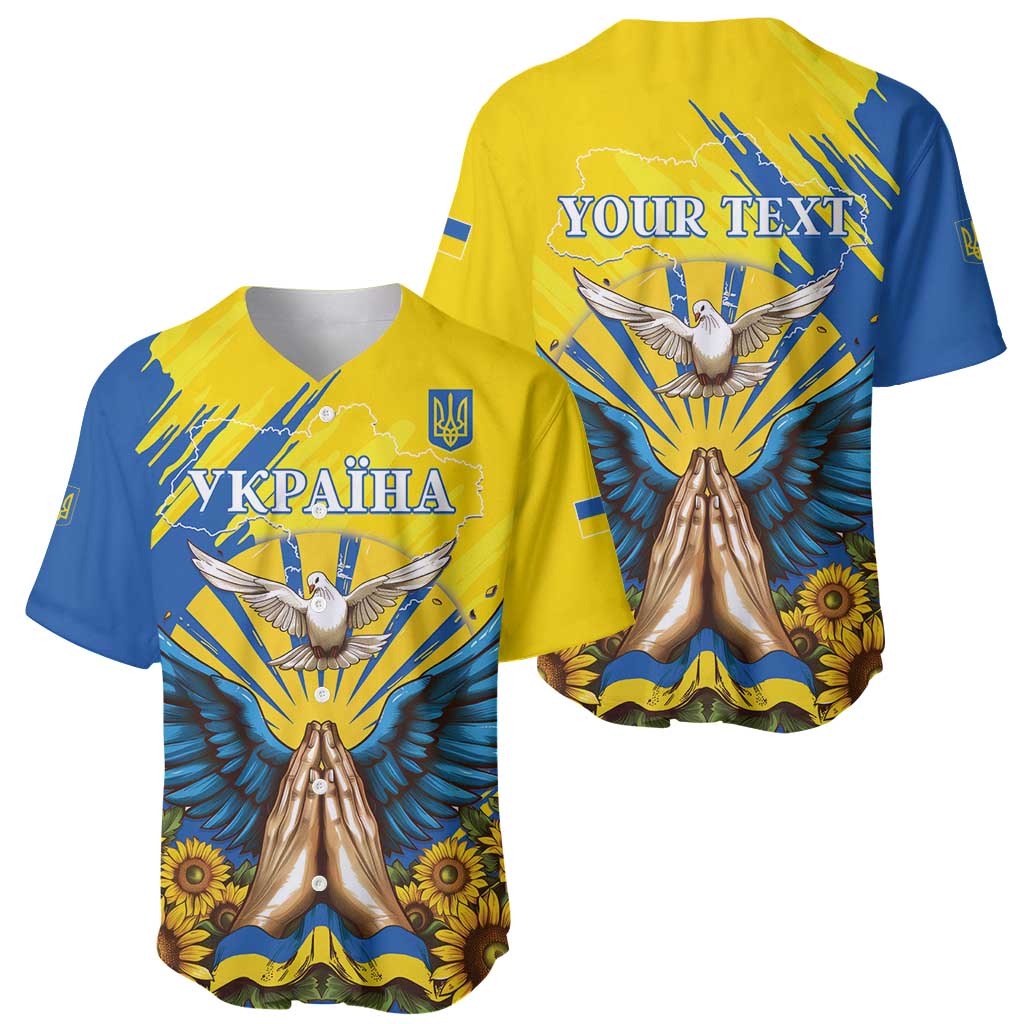 Baseball jersey front and back: yellow/blue dove, praying hands, sunflower artwork