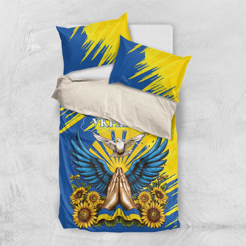 Blue and yellow bedding set with dove and sunflowers, includes three pillow covers