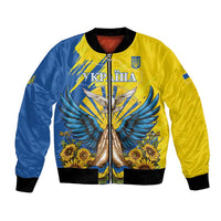 Unisex blue and yellow bomber jacket with front zip and dove graphic with sunflowers