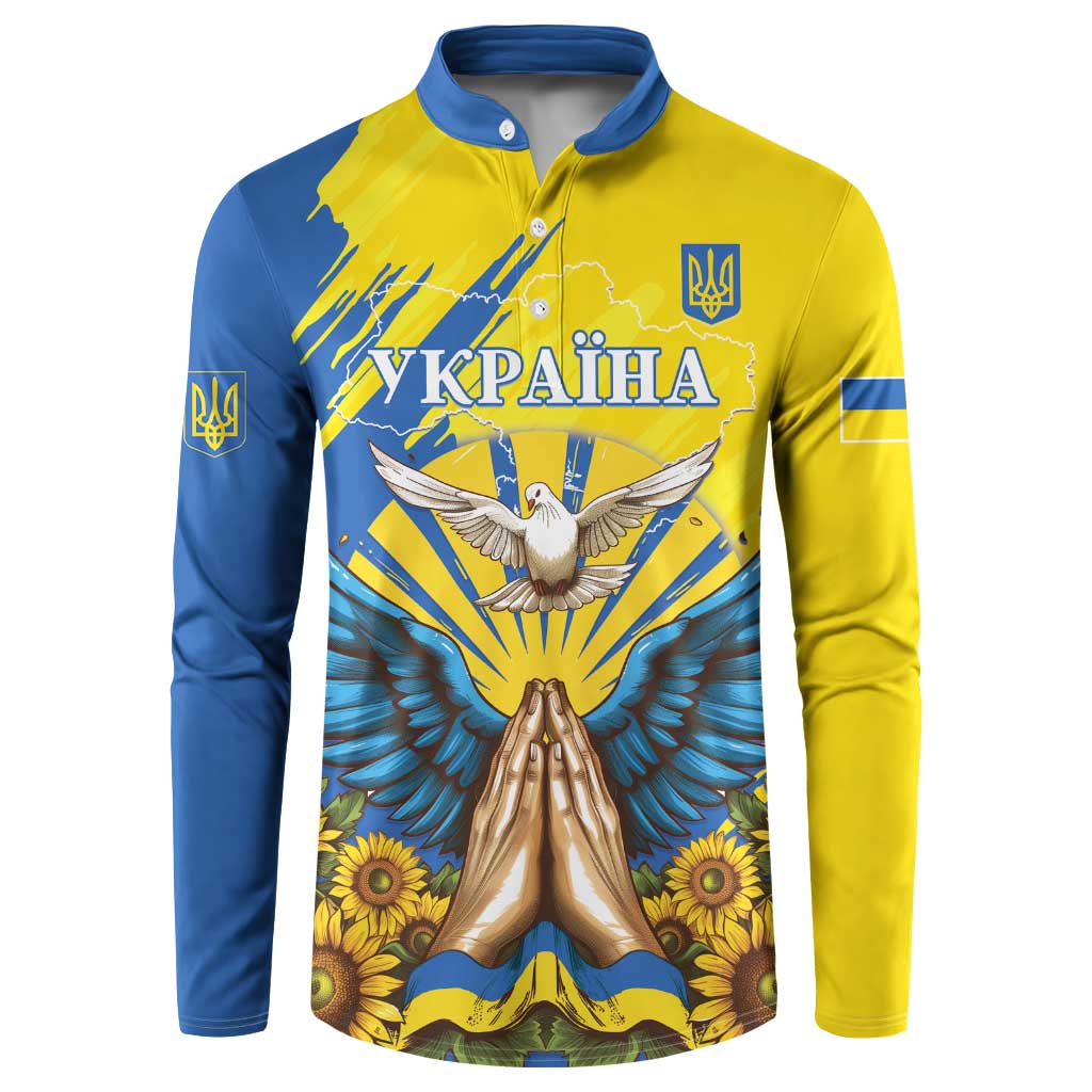 Blue and yellow long-sleeve button sweatshirt with dove, trident emblem, sunflower print