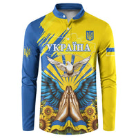 Blue and yellow long-sleeve button sweatshirt with dove, trident emblem, sunflower print
