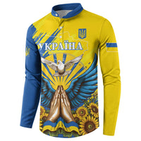 Yellow and blue long-sleeve button sweatshirt with dove, trident emblem, sunflower print
