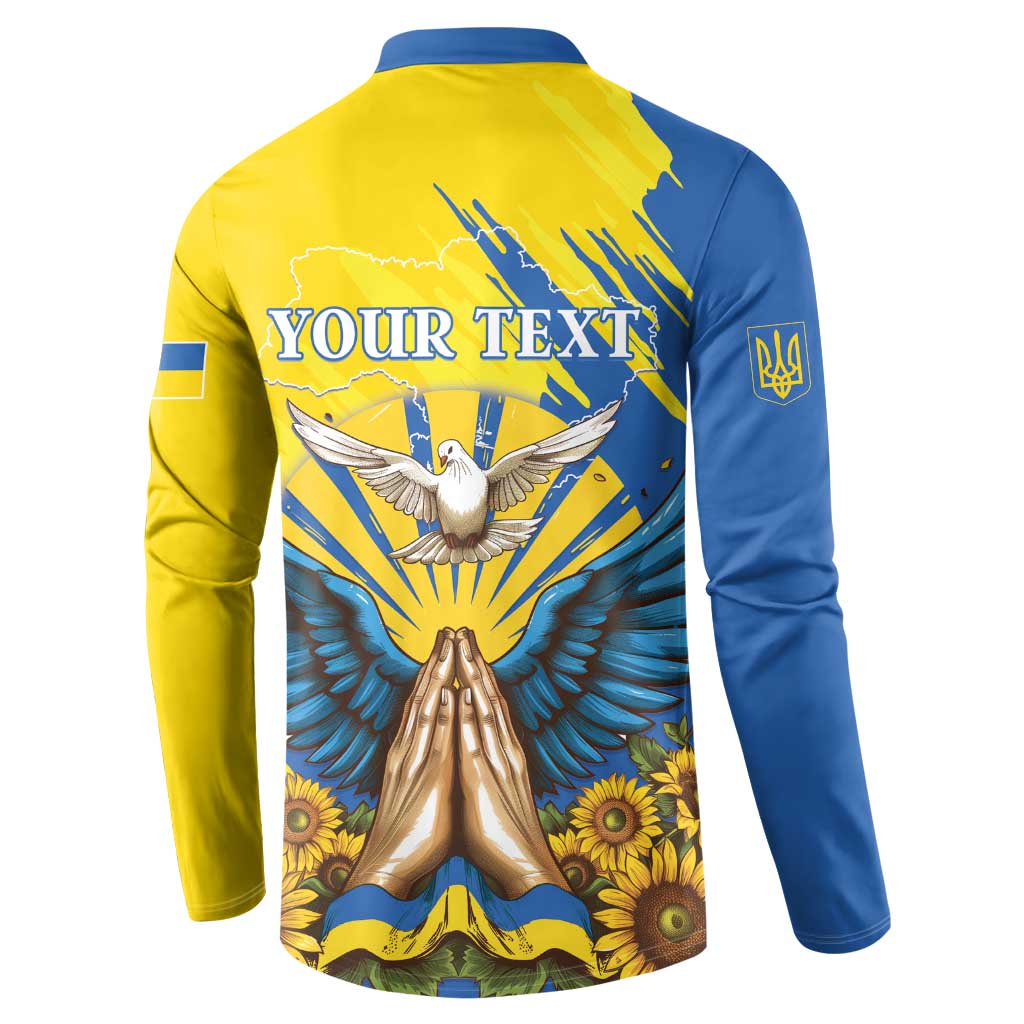 Yellow and blue back-print button sweatshirt with dove, sunburst rays, YOUR TEXT
