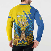 Yellow and blue back-print button sweatshirt with dove, sunburst rays, sunflowers, YOUR TEXT