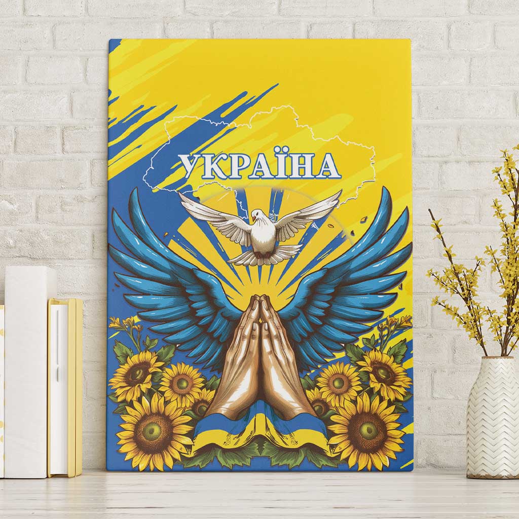 Ukrainian canvas wall art with gold dove, blue wings, sunflowers, and Ukrainian text